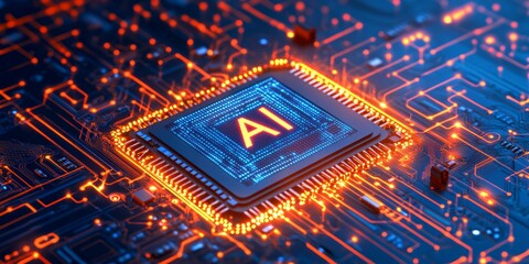 Abstract futuristic digital technology background with glowing hologram text "AI" and logo of an AI chip on a circuit board