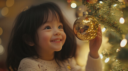 Naklejka premium Young Girl Hanging Ornament on Christmas Tree with Joyful Smile