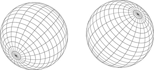 Wireframe spheres in different angles. Globe grid frame elements set. Geometric round net. Outline graphic design collection.