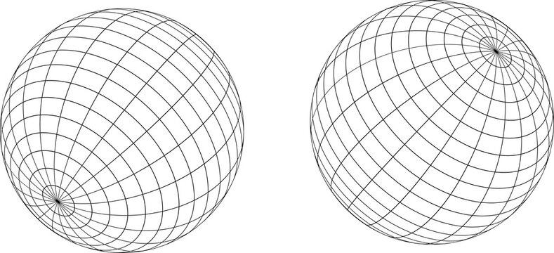 Wireframe spheres in different angles. Globe grid frame elements set. Geometric round net. Outline graphic design collection.