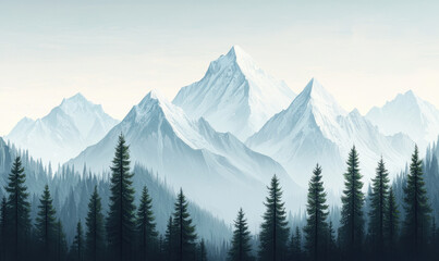 Majestic Snow-Capped Peaks Overlooking a Serene Evergreen Forest