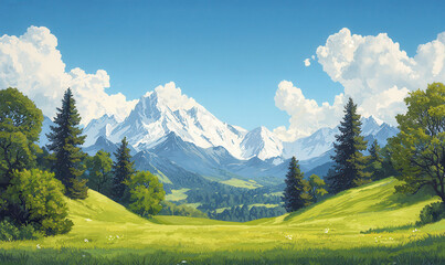 Obraz premium Breathtaking Mountain Landscape with Snow-Capped Peaks and Lush Green Meadow Under a Clear Blue Sky