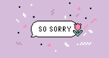 Sorry speech bubble. Y2k sticker in pixel art. Forgive me concept. 8 bit retro style vector background. Simple geometric form. Apologize sign. Game abstract element