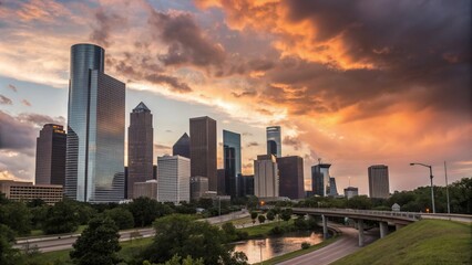 Houston Skyline Landscape at Sunset with Dramatic Clouds and Urban Vibes for Stock Photography