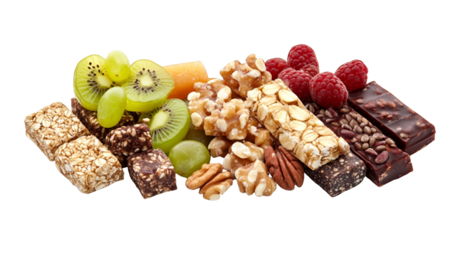 A colorful assortment of nuts bar and dried fruits, healthy delicious snack for energy wellbeing