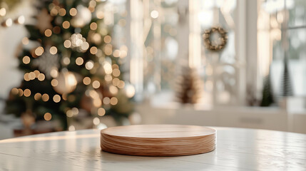 Empty wooden table in front of abstract blurred Christmas light background for product display in a coffee shop, local market or bar