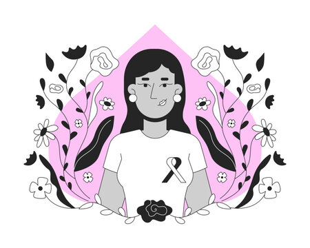 recommend clip art: Indian woman promoting breast cancer awareness black and white 2D illustration concept. Mammogram campaign. South asian female wearing ribbon outline character isolated. Metaphor monochrome vector art