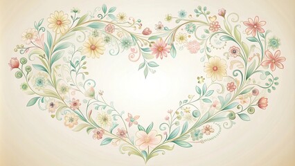 Heart-shaped floral patterns with pastel colors and delicate lines, gentle design, botanicals