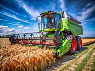 Fototapeta premium Innovation on the Farm: Modern Combine Harvester in Action on Wheat Field for Agricultural Advancement