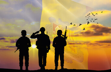 Silhouettes of soldiers with a background of the Andorra flag and a sunset or sunrise. Concept of national holidays. Commemoration Day.