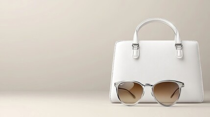Stylish brown leather handbag paired with golden gradient sunglasses on a soft beige backdrop, showcasing luxury fashion essentials