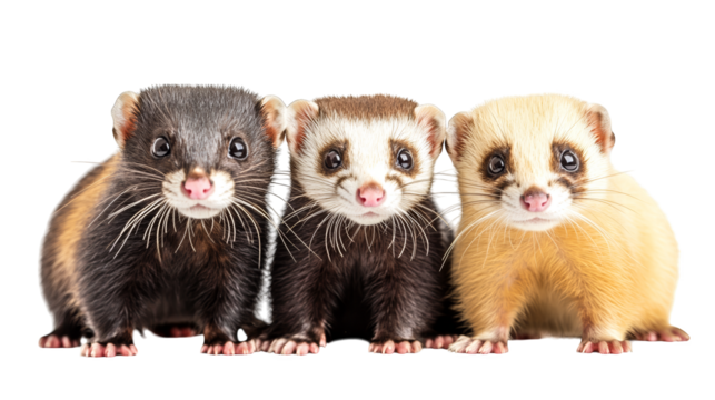 Three adorable ferrets, a closeup portrait of companionship and fluffy charm in nature's embrace