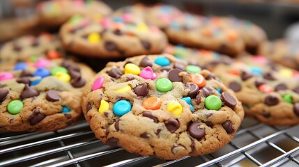Tray of colorful cookies with chocolate chips and sprinkles