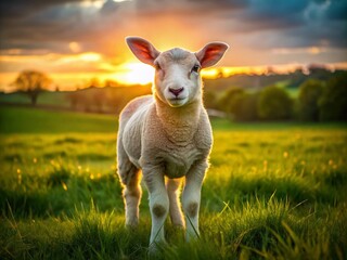 Fototapeta premium Isolated British Lamb Grazing at Sunset in Warwickshire - Serene Farm Landscape