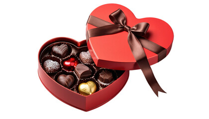 Heart shaped red box with chocolates and ribbon, transparent background