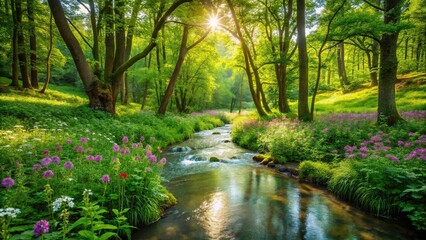 Lush green forest with a babbling brook and wildflowers in summer, foliage, forest