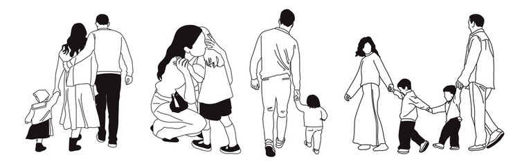 Hand-drawn doodle family icon set. Outline family clipart. Hand-drawn black art.