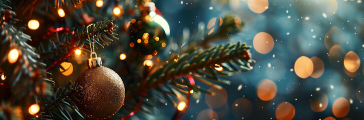 New Year Christmas banner with Christmas tree branches sparkling bokeh Place for text