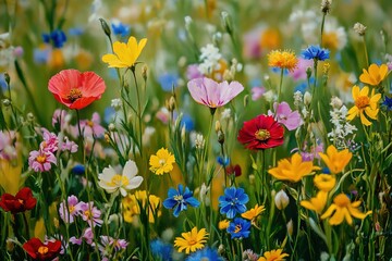 Colorful wildflowers, poppies and daisies in the meadow, acrylic paint, painting, vibrant colors, detailed