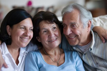 Multi-generational family of three engaging in a lively discussion in a bright living room