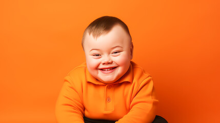 Portrait of smiling laughing boy child with Down syndrome orange background.