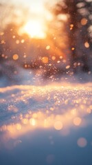 Fototapeta premium Winter wonderland banner featuring snowflakes, bokeh, snowdrifts, and a sunset sky glow