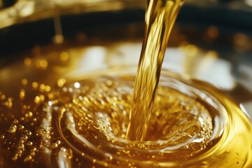 Stream of golden motor oil pouring in slow-motion, smooth and continuous, crisp detail