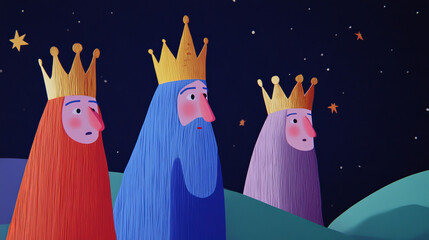  Illustration of three kings in colorful robes under a starry sky, embodying the spirit of Three Kings Day (Epiphany).