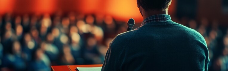 A speaker stands at a podium facing a large audience in an auditorium, with warm lighting creating an inviting atmosphere as he prepares to deliver his talk