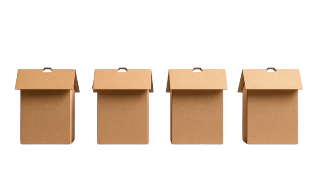 four brown cardboard boxes with holes, versatile packaging for gifts, shipping, or storage