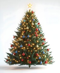 Obraz premium Festively decorated Christmas tree with colorful lights and ornaments, shining star at the top