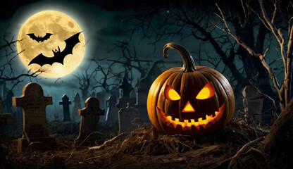 A glowing jack-o'-lantern with a sinister smile sits in a dark graveyard, under a full moon with bats flying around, surrounded by eerie trees and crosses.