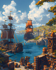 Obraz premium a painting of a boat with a dragon on it Generative AI