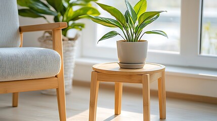 Bright and inviting indoor space with a stylish plant on a wooden table perfect for modern living environments and interior design inspiration