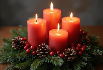 Four lit candles surrounded by pine cones and berries in a festive holiday wreath