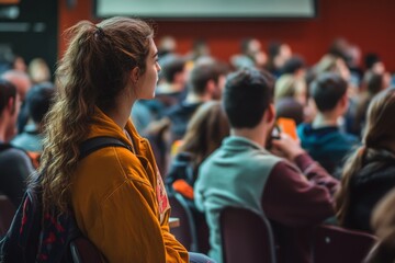 In a bustling university auditorium, a student in a yellow sweater listens intently to a lecture, surrounded by fellow students engaged in their own activities