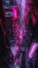 Merge the gritty charm of urban exploration with  technology Picture a drones perspective capturing a labyrinth of neon-lit alleyways, reflecting a cyberpunk ambiance