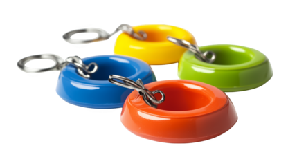 Four of colorful plastic dog bowls with metal ring, convenient feeding solution for pets