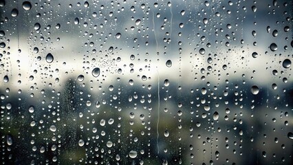 Rain falling from a grey sky, with droplets on a windowpane, foggy, reflection, landscape, rainy day