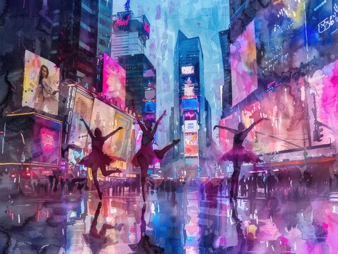 Paint a stunning watercolor scene featuring aerial ballet dancers gracefully performing in a futuristic city setting The tilted angle adds visual interest to their fluid poses