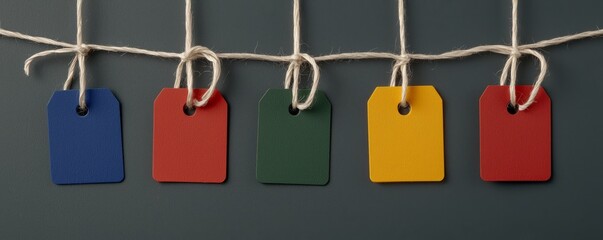 Colorful tags hanging on string against a dark background.