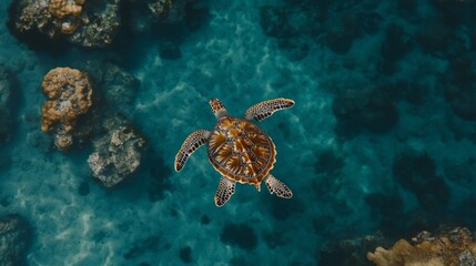A sea turtle gliding effortlessly through coral reefs teeming with life.