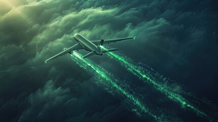 Naklejka premium Futuristic Jet in Flight with Green Trails Behind, Symbolizing the Use of Renewable Fuel for a Cleaner, Sustainable Air Travel Future and Innovations in Aviation Technology