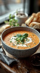 Creamy tomato soup with basil and cream, accompanied by crispy breadsticks on a rustic table, inviting and comforting meal setting