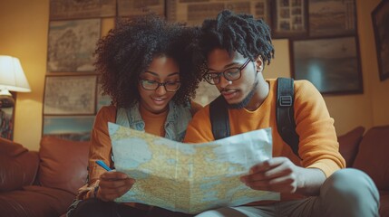 young couple exploring travel options indoors while studying a map, discovering the best vacation destinations and planning an adventurous journey with excitement