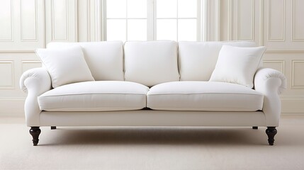 Fototapeta premium Elegant white sofa in bright room with large windows perfect for modern living spaces and cozy interiors