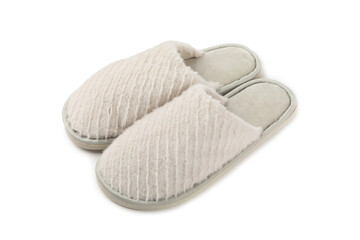 Soft slippers isolated on white background. Home slippers. Comfortable shoes for home. Foot care concept. Home comfort. Space for text. Copy space.
