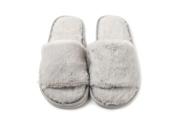 Soft slippers isolated on white background. Home slippers. Comfortable shoes for home. Foot care concept. Home comfort. Space for text. Copy space.