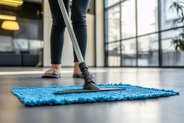 A janitor mops the floor of a modern building during the day in a clean and bright environment