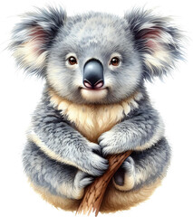 Obraz premium Koala Resting on Branch with Green Leaves and Berries on Transparent background 
